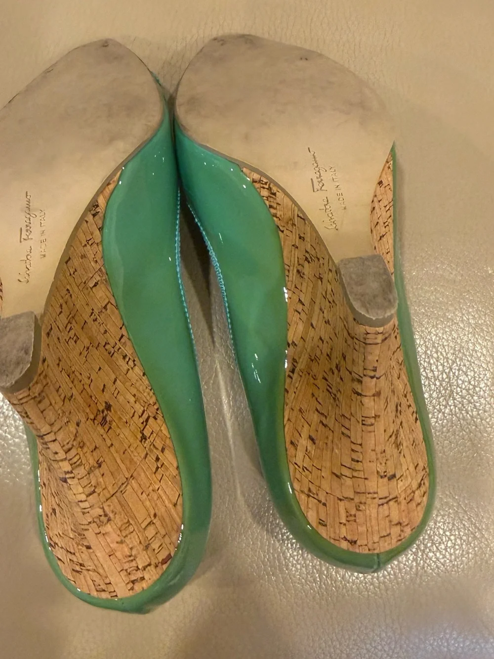Salvatore Ferragamo Mint Green Patent Peep-Toe Pumps with Bow Accent